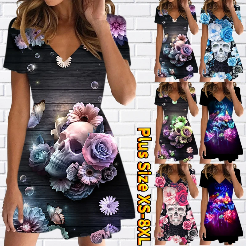 

2023 Summer Fashion Vintage Midi Skirt Women Loose Size Knee-length Skirt New V-Neck Flower Printing Short Sleeve Skirt