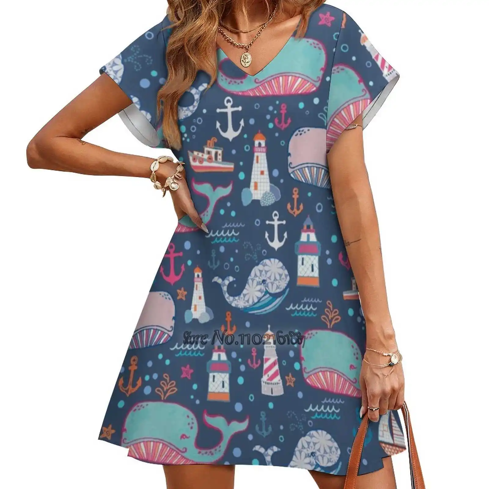 

Whale Toss V-Neck Short Sleeve Skirt Korean Kawaii Skirts Party Dresses Whale Lighthouse Ocean Boats Blue Navy Anchors Kids Art