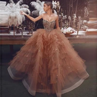 amazing beaded champagne ball gown prom dresses unique tiered tulle pearls heart arabic evening dress gown vestidos de gala
