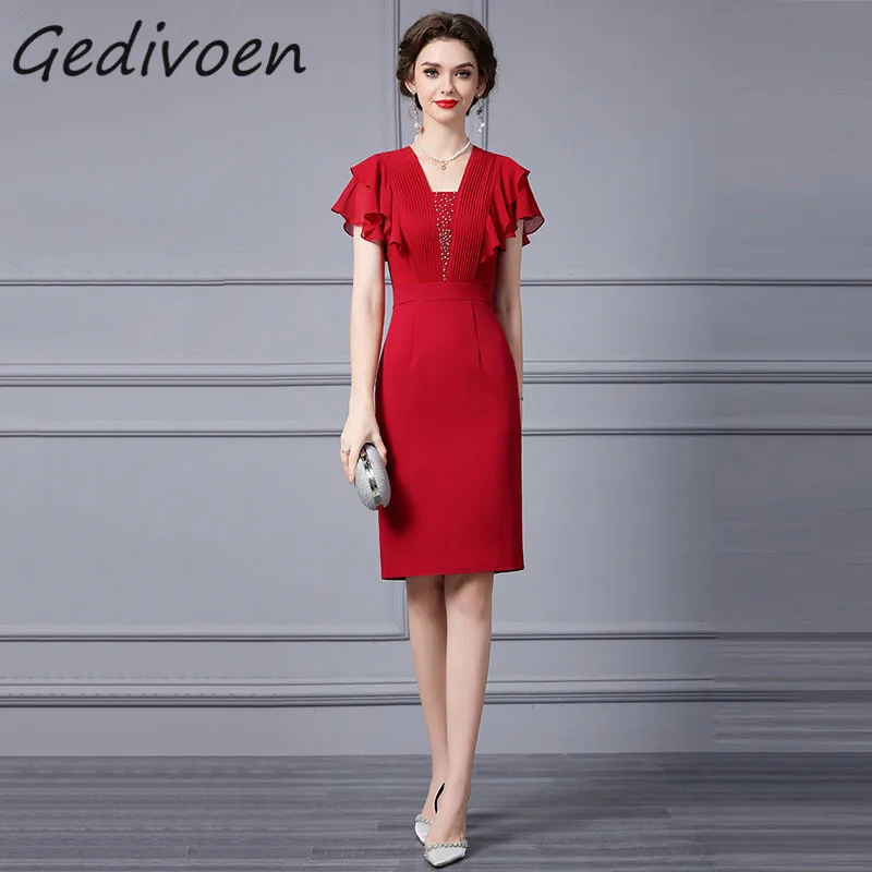 

Женское платье с V-образным вырезом Gedivoen, модельное винтажное платье средней длины с V-образным вырезом, оборками, присборенной талией и разрезом, лето 2019