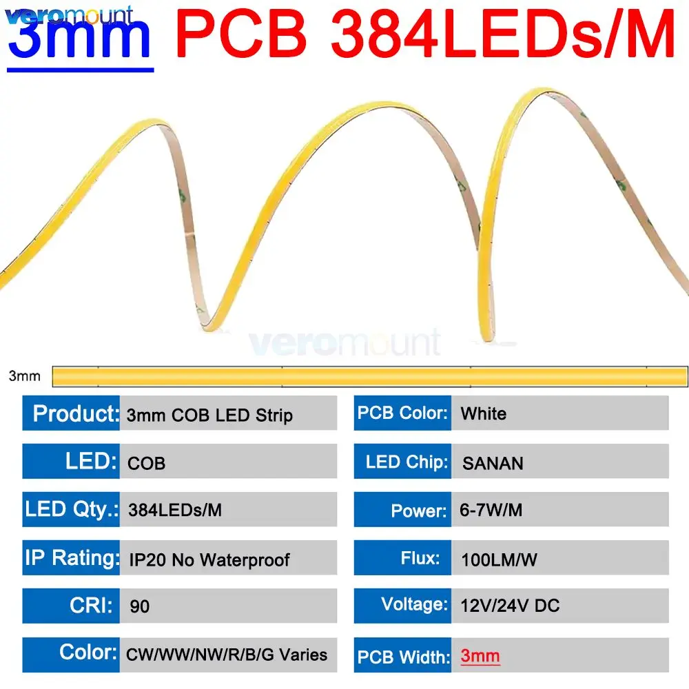 

Veromount Светодиодная лента COB 5 м 12В/24В 320/384/480/528 LED/м