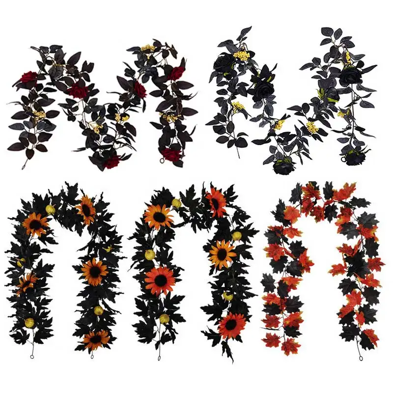 

180cm Fall Maple Leaf Garland Hanging Vines Plant Black Fall Artificial Foliage Garland Halloween Thanksgiving Home Decorations