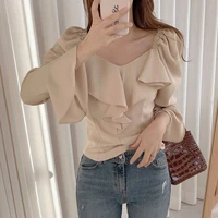 022 spring and autumn french fungus edge slim long sleeved shirt women