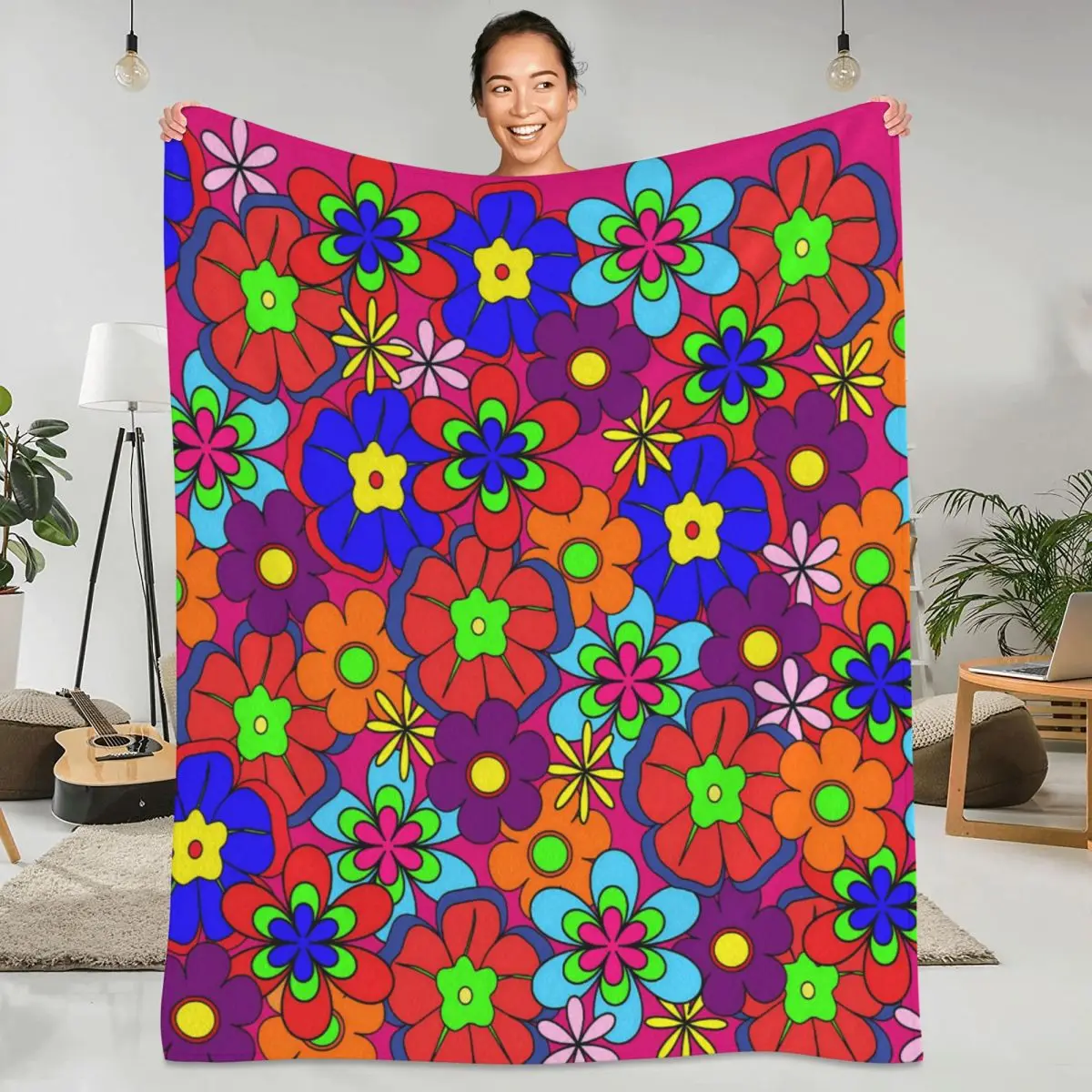 

Flower Power Super Warm Blanket Hippy Retro Flowers Throw Blanket Winter Novelty Custom DIY Flannel Bedspread Sofa Bed Cover