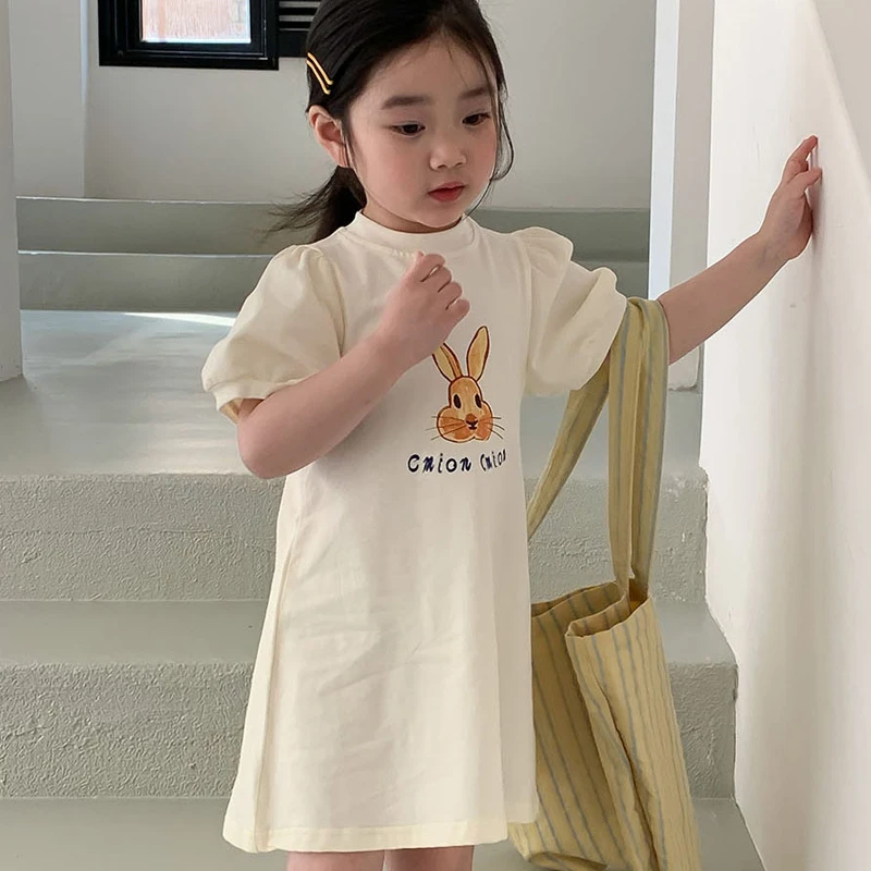 

Korean Version of The Girl's Printed Puff Sleeve Knitted Long Skirt Female Baby Thin Section Rabbit Short-sleeved Dress Summer