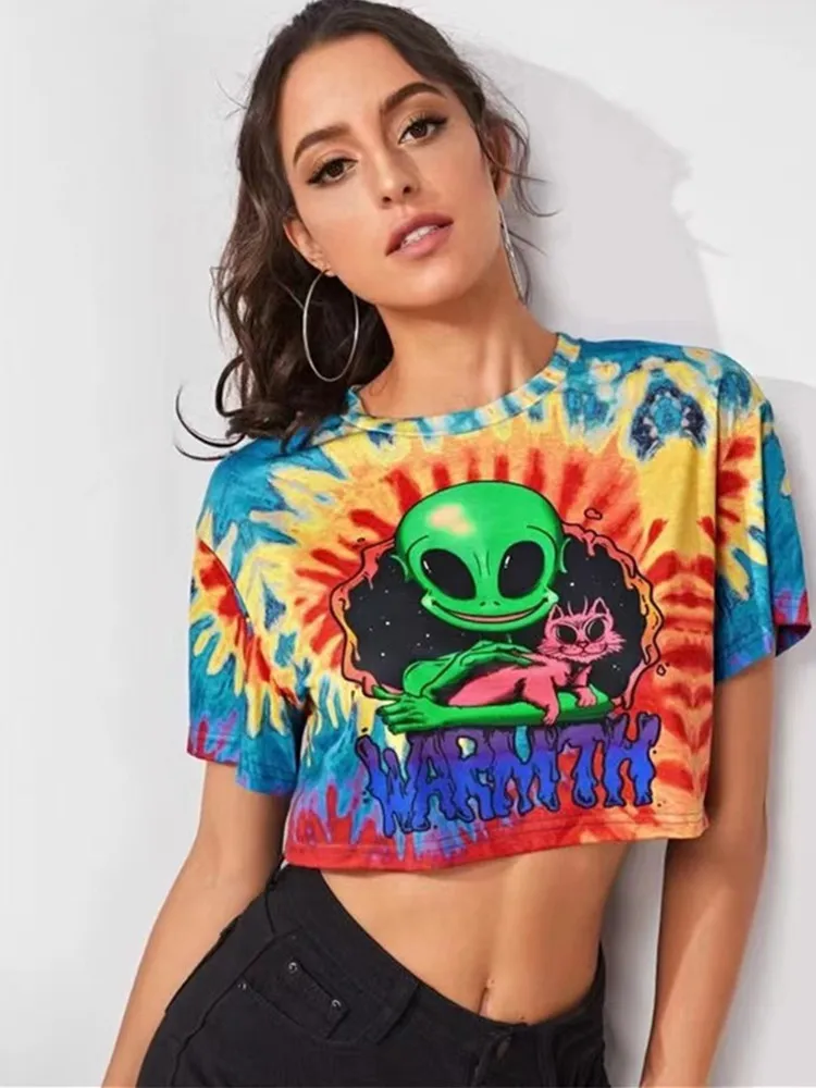 

Fashion Tie Dye Print Crop Tops Women T-Shirts Summer Fashion Short Sleeve O-Neck Tees Streetwear Active Female Cropped Tops