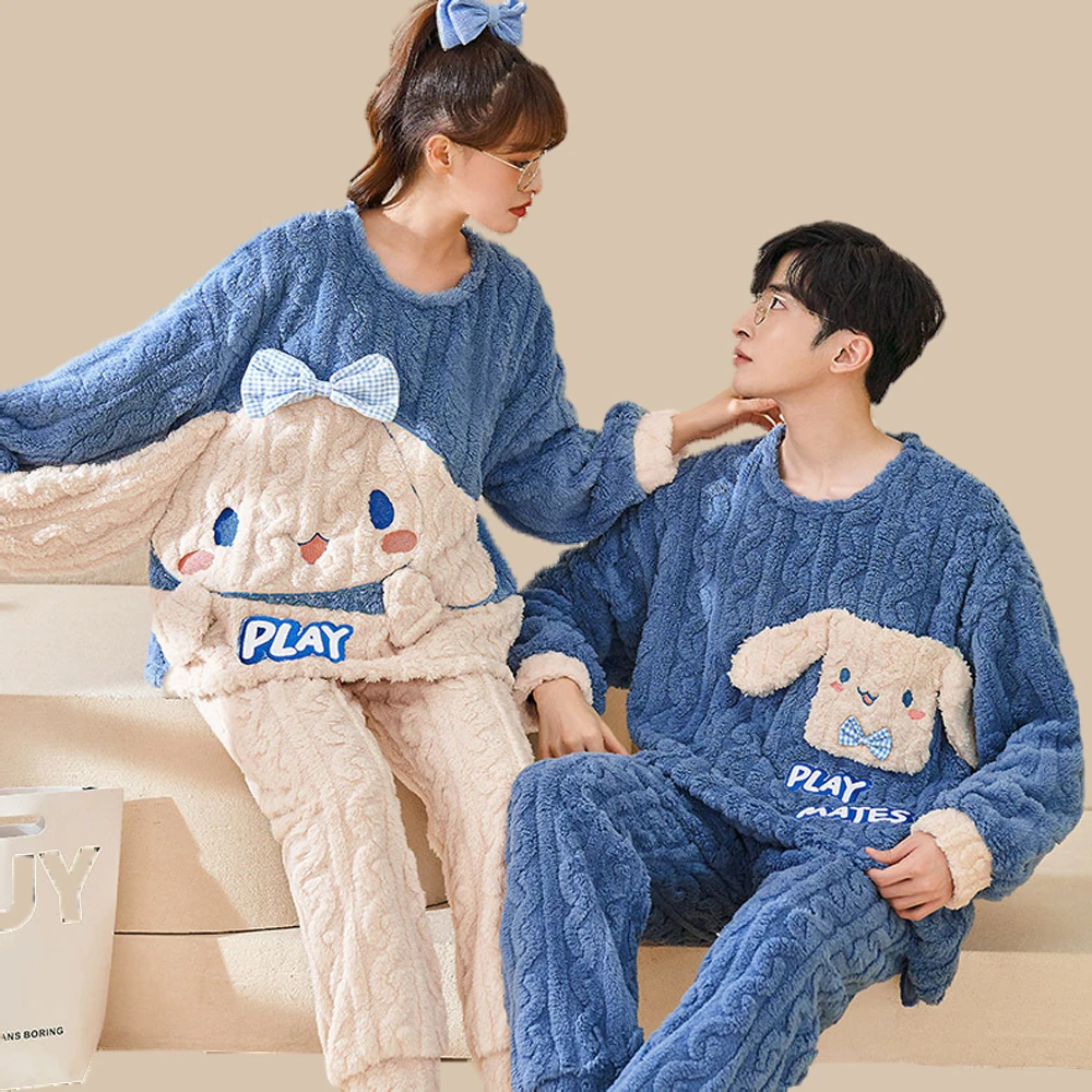 

2Pcs/set Sanrio Cinnamoroll Men Women Winter Long Sleeve Trousers Soft Comfortable Homewear Anime Couple Sleepwear Coral Fleece