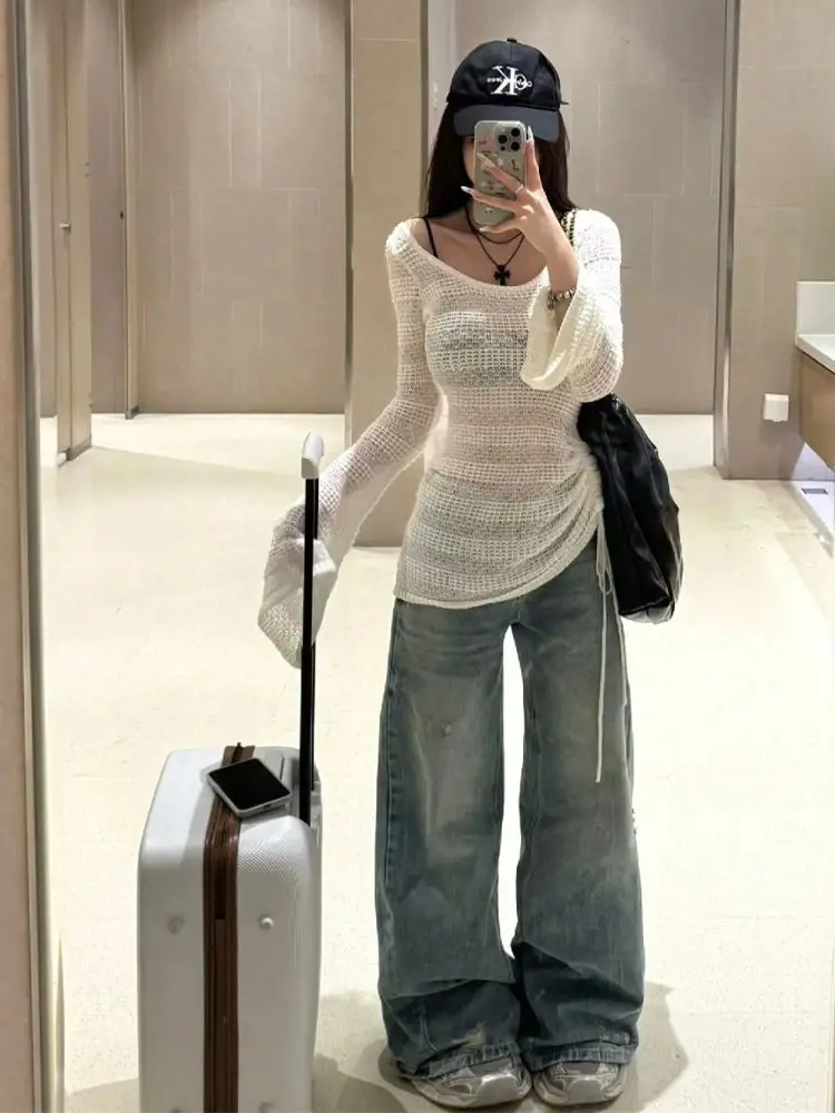 Трикотаж с длинными рукавами и вырезами тонкий новый пляжный накидка на шнурке