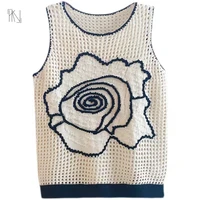 hollow v neck tank top 2022 summer new hand knitted rose sleeveless medium length knitted shirt high quality free shipping