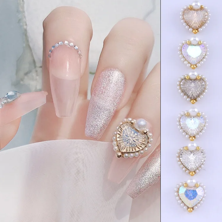 20pcs/bag Heart Hollow Pearl Nail Decorations Zircon 13x14mm 6Color Loose Bead Clothes DIY Garment Beads Crafts for Nail Jewelry