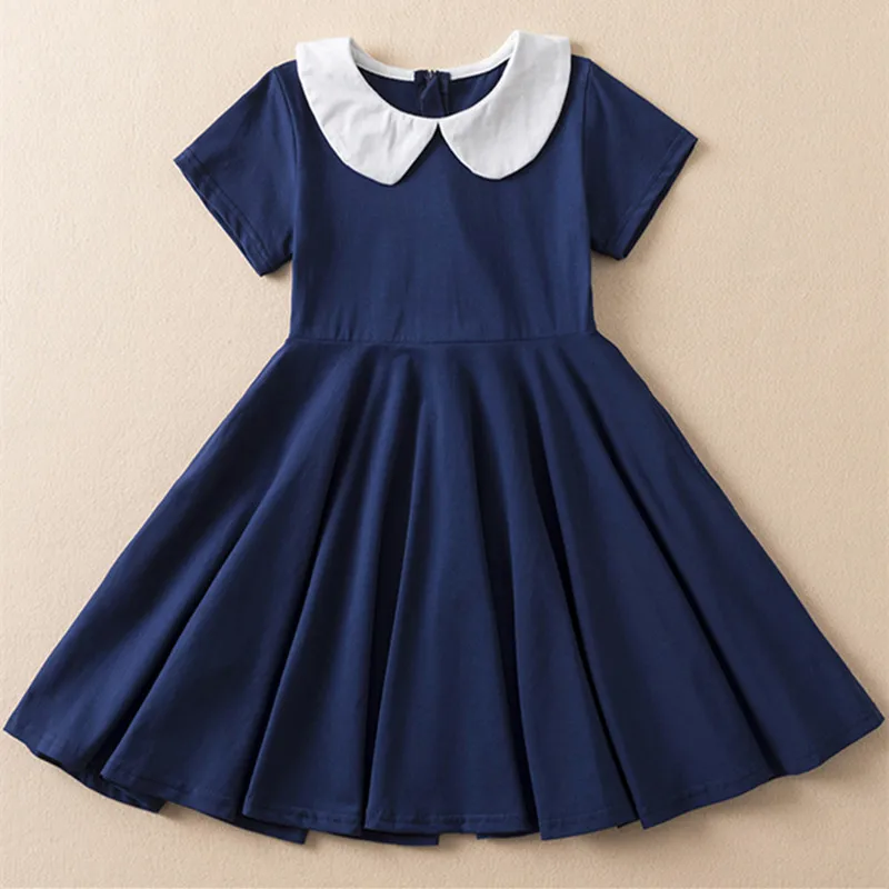 Summer 4-12y Girls Short Sleeve Blue School Uniform Dress Kids Casual Wear Children Costume Toddler Girl Party Princess Clothes