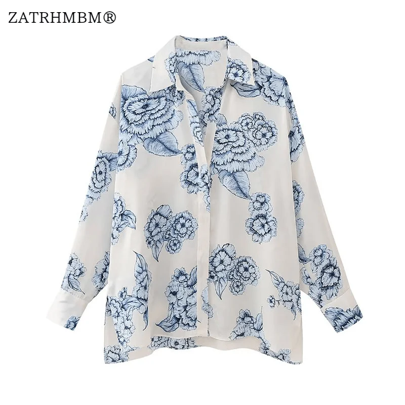 

ZATRHMBM 2023 Women Fashion Satin Shirt Floral Print Blouse Vintage Long Sleeve Asymmetrical Female Shirts Blusas Chic Tops