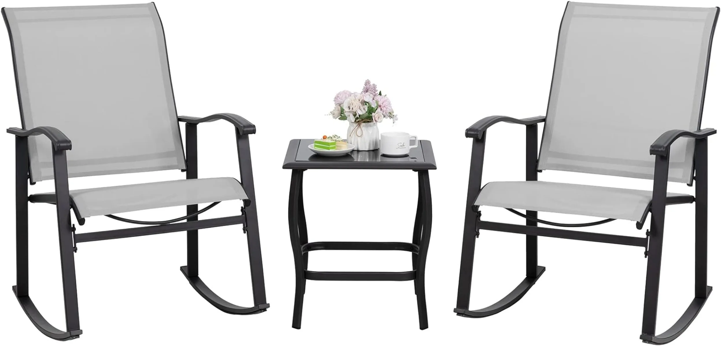 

Комплект для бистро-качалки Shintenchi из 3 предметов, уличная мебель со стульями-качалками и стеклянным журнальным столиком, набор из 3 предметов, цвет серый