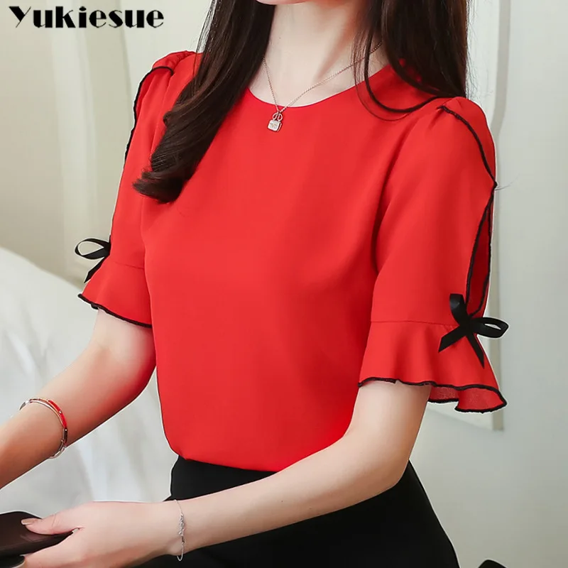

summer women blouse shirt fashion 2022 hollow out bow short sleeve chiffon women's clothing sweet red feminine tops blusas
