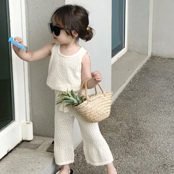 Girl's Clothing Sets 2023 Summer Korean Thin Knitted Girl Set Children Hollow Breathable Vest + Wide Leg Pants Two-piece Suit 1