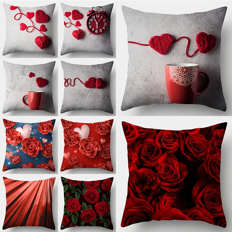 

WZH Red Heart & Flowers Cushion Cover 45x45cm Polyester Decorative Pillow Cover Sofa Bed Pillow Case