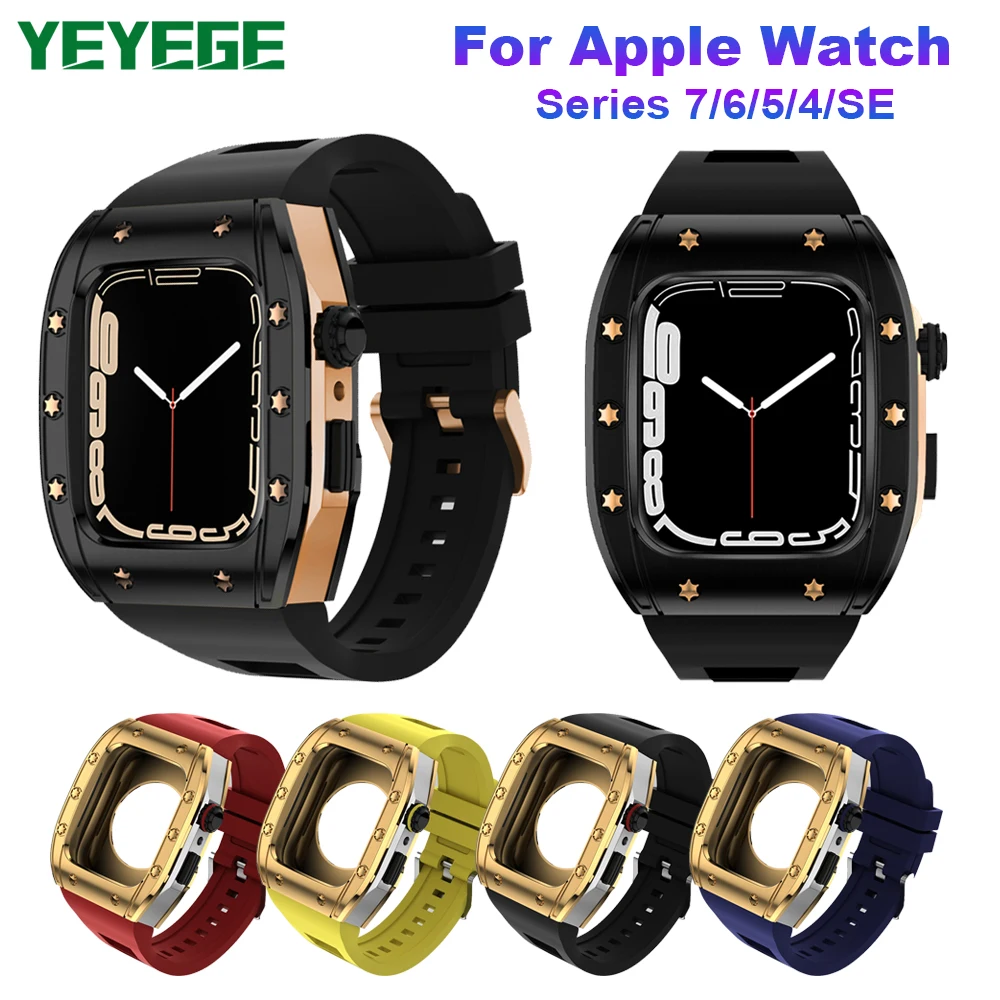 

New 45mm Luxury Metal Case Silicone Strap for Apple Watch Band Mod Kit 44mm Modification Set for IWatch Series 8 7 SE 65 4 Strap