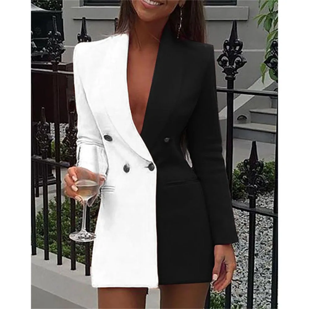 Elegant Suit Orange Blazer Dress Women Patchwork Vintage Suit Jacket Women Bleizer Casual De Mujer Splicing V Neck Female Dress
