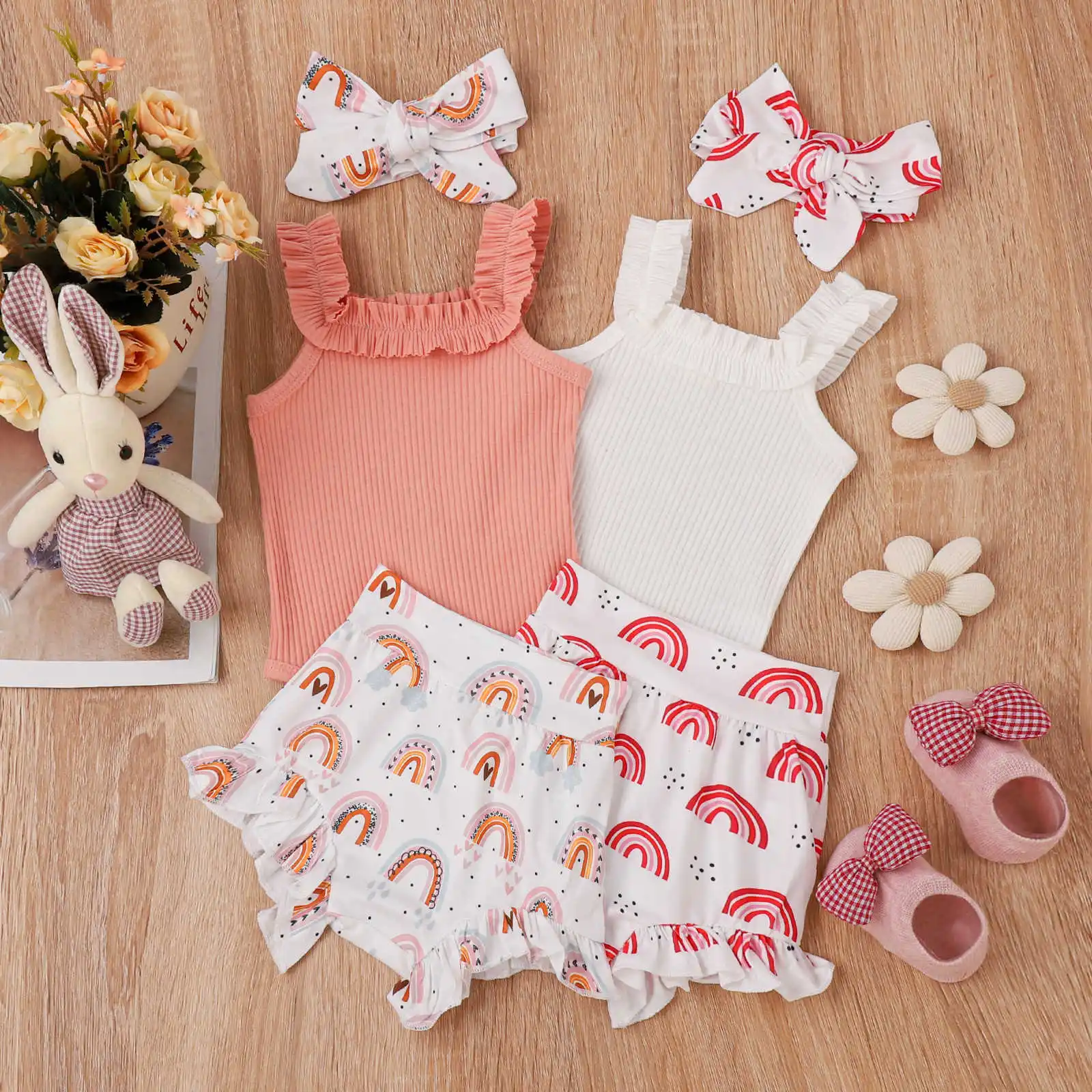 Infants Girl 3Pcs Outfits Suit Sleeveless Sling Pit Stripe Romper+Rainbow Printed Shorts+Headband Newborn Toddler Clothing 0-18M