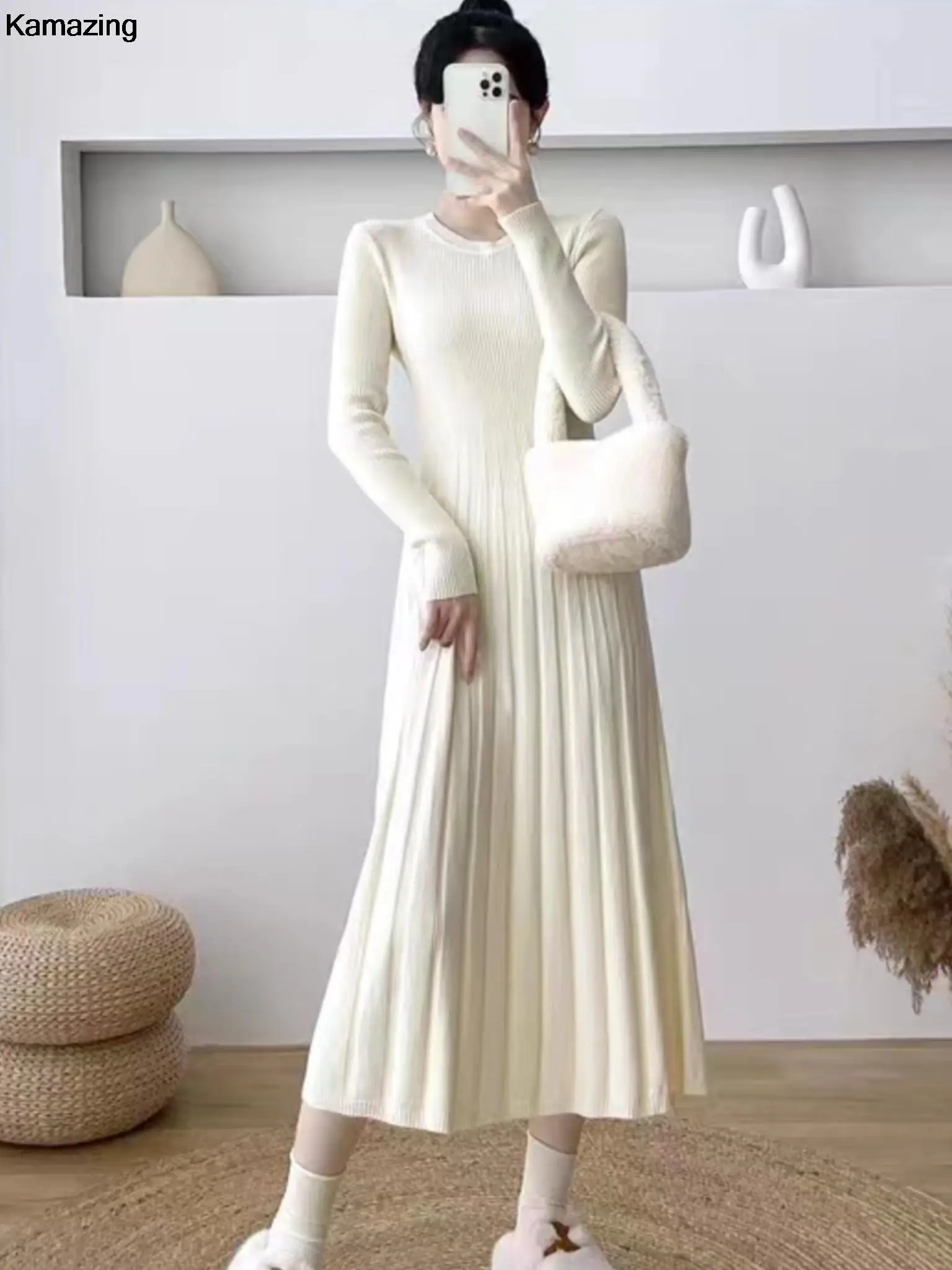 

Осенне-зимнее трикотажное платье с длинным рукавом для женщин, приталенное цельнокроеное Повседневное платье средней длины Vestidos, корейский элегантный джемпер в рубчик, Mujers