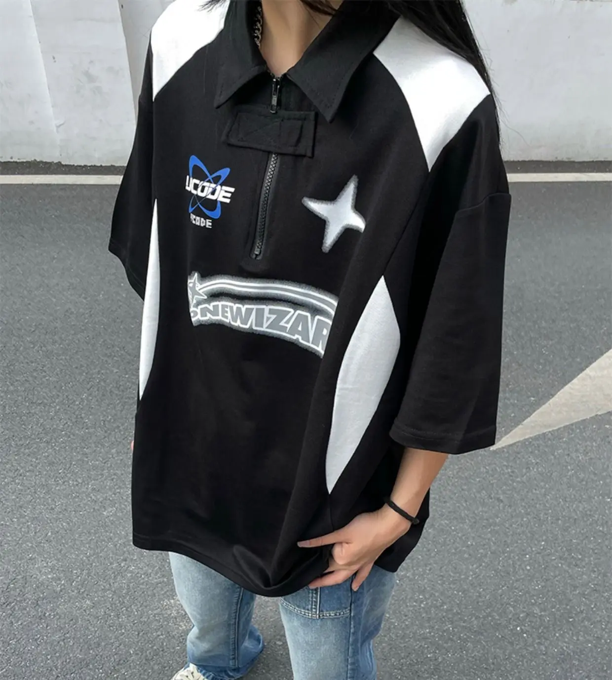 

New American High Street Polo Collar Short-Sleeved T-Shirt Men And Women Student Racing Clothing Loose Tops Summer Streetwear