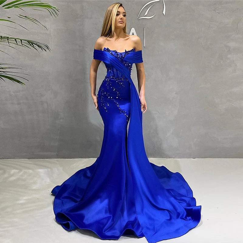 

Vinca Sunny сексуальное атласное Королевское синее вечернее платье Русалка 2022 с бусинами длинное с открытыми плечами и шлейфом с открытой спино...