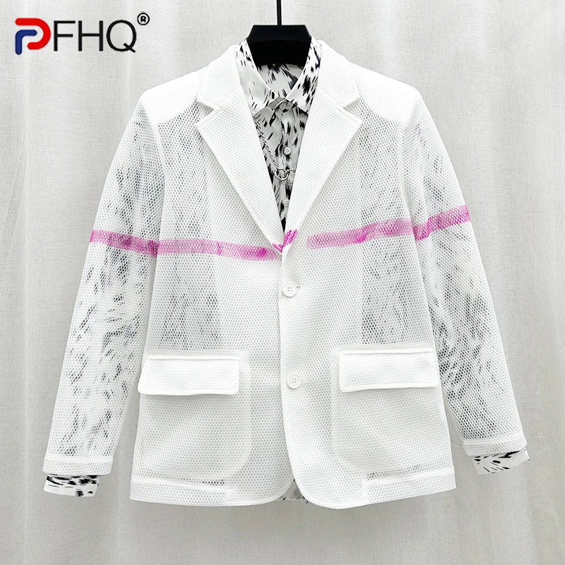 

PFHQ long sleeve patchwork gauze hollow out causal blazers for men single breasted loose men's coat 2023 summer new tide 21F3987