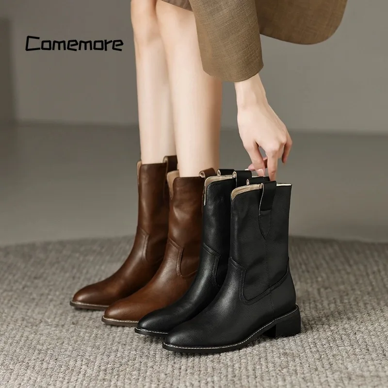 

Comemore 2023 Autum New Pointed Toe Middle Heel Chunky Heel Knight Boots Women's Western Boots Calf Ankle Boot Ladies Booties 40