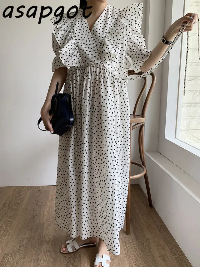 Женское винтажное платье в горошек Белое Облегающее Платье Корейском стиле с