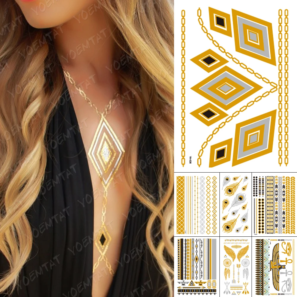 

Waterproof Temporary Tattoo Sticker Diamond Chain bracelet Gold Metallic Flash Tatoo Party Henna Jewelry Glitter Body Art