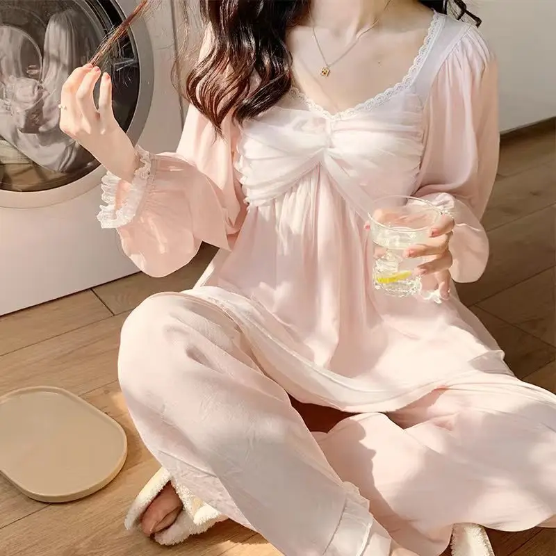 1 White gauze lovely ladies pajamas autumn new bow cotton long sleeve leisurewear suit in the spring and autumn