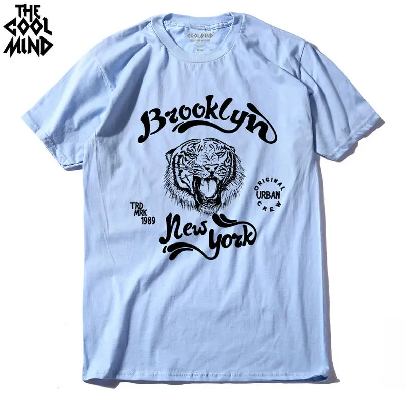 

COOLMIND QI0122A 100% cotton brooklyn new york short sleeve tiger print head printed men t shirt casual men Knitted men tshirt