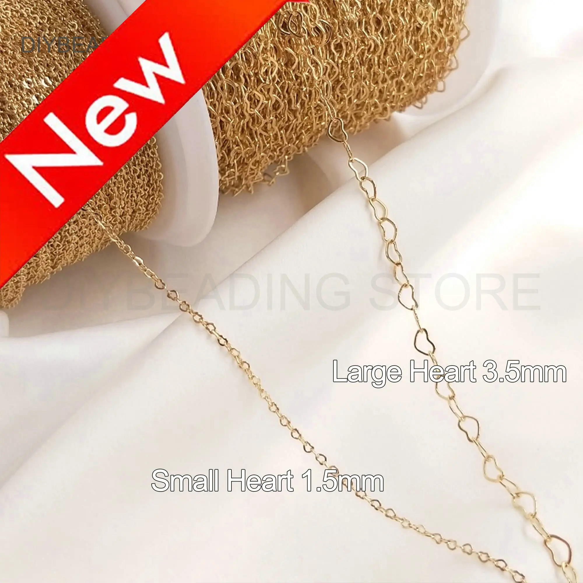 Heart Chain for Necklace Bracelet Jewelry Making Supplies 14K Real Gold Plated Brass Cute Link Chain Bulk Wholesale (2 Sizes)
