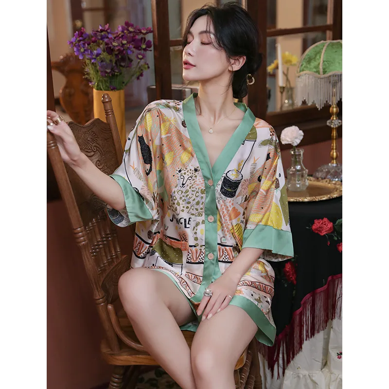 Pajamas women's summer ice silk short-sleeved thin suit home wear  женское бельё  pigiami donna