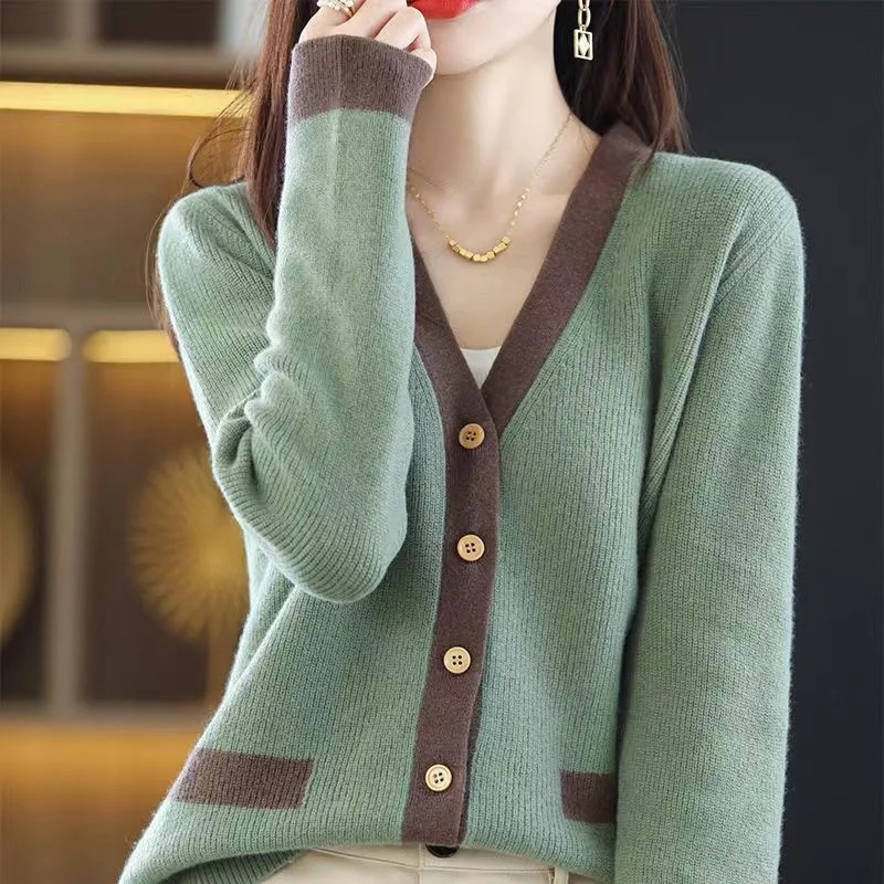 

2022 Spring Autumn New Fashon Single Breasted Contrast Color Knitted Sweater Cardigan Women Simple Casual Long Sleeve Top Female