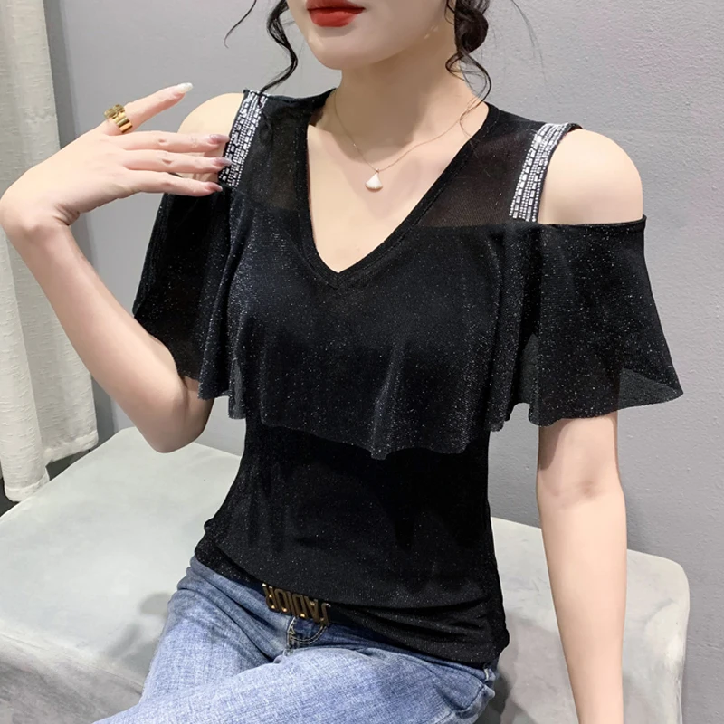 

Летняя одежда, новая модная футболка с коротким рукавом и V-образным вырезом, пикантная рубашка с открытыми плечами и оборками, однотонные повседневные сетчатые Топы
