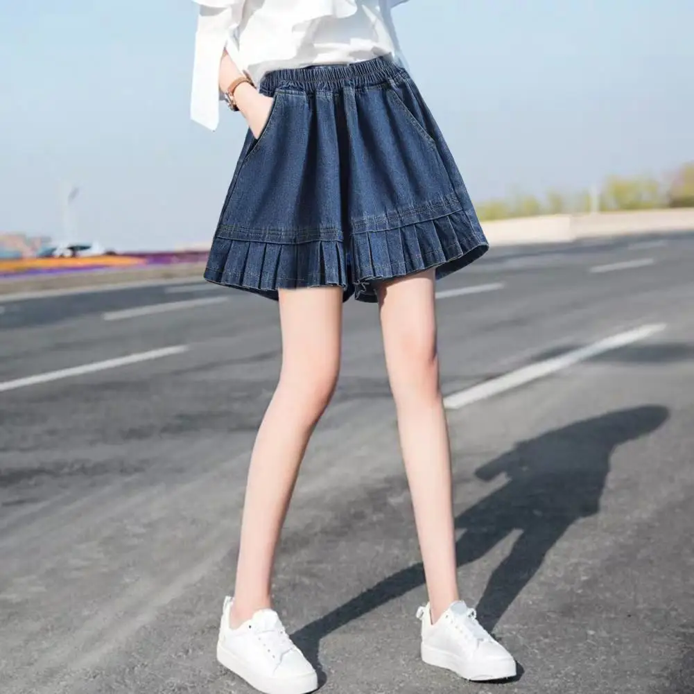 

Women Denim Shorts with Pockets Elastic Waist Wide Leg Wear Solid Color Summer High Waist Casual Straight Short Women Clothing