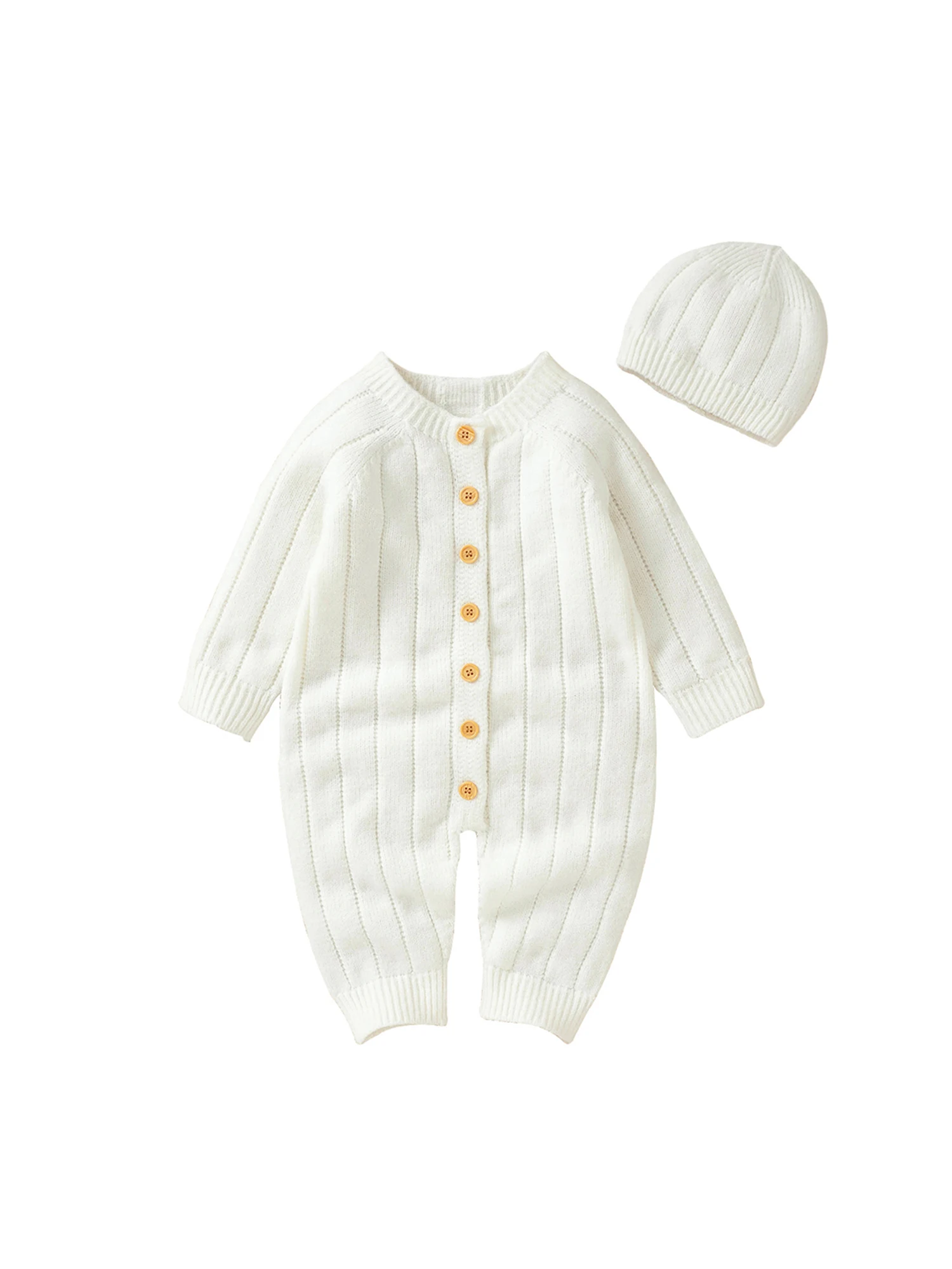 

Cozy Winter Romper and Cap Set for Infants Long Sleeve Single-breasted Knitted Jumpsuit in Solid Color Available in Sizes