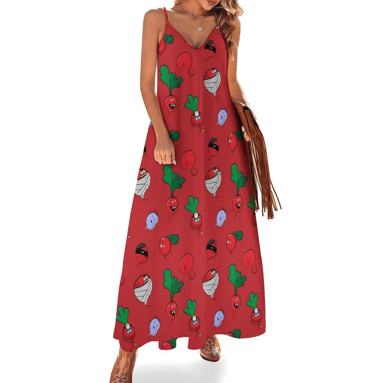 

Crazy Radishes Dress Funny Vegetable Stylish V Neck Bohemia Long Dresses Female Custom Elegant Maxi Dress Large Size