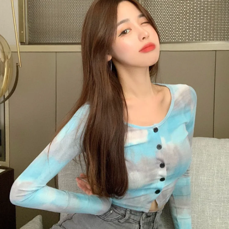 

Y2k Grunge Blue Tie Dye Tops Women Spring O-neck Long Sleeve Cardigans Mujer E-Girl Sexy Crop Top Slim Fit Knitted Cardigan