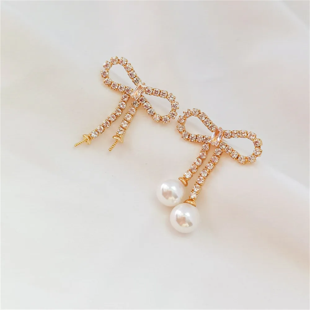 

14K Gold Plated Brass Inlaid Zircon Bow Empty Holder S925 Earrings Handmade DUY Jewelry Earrings Accessories