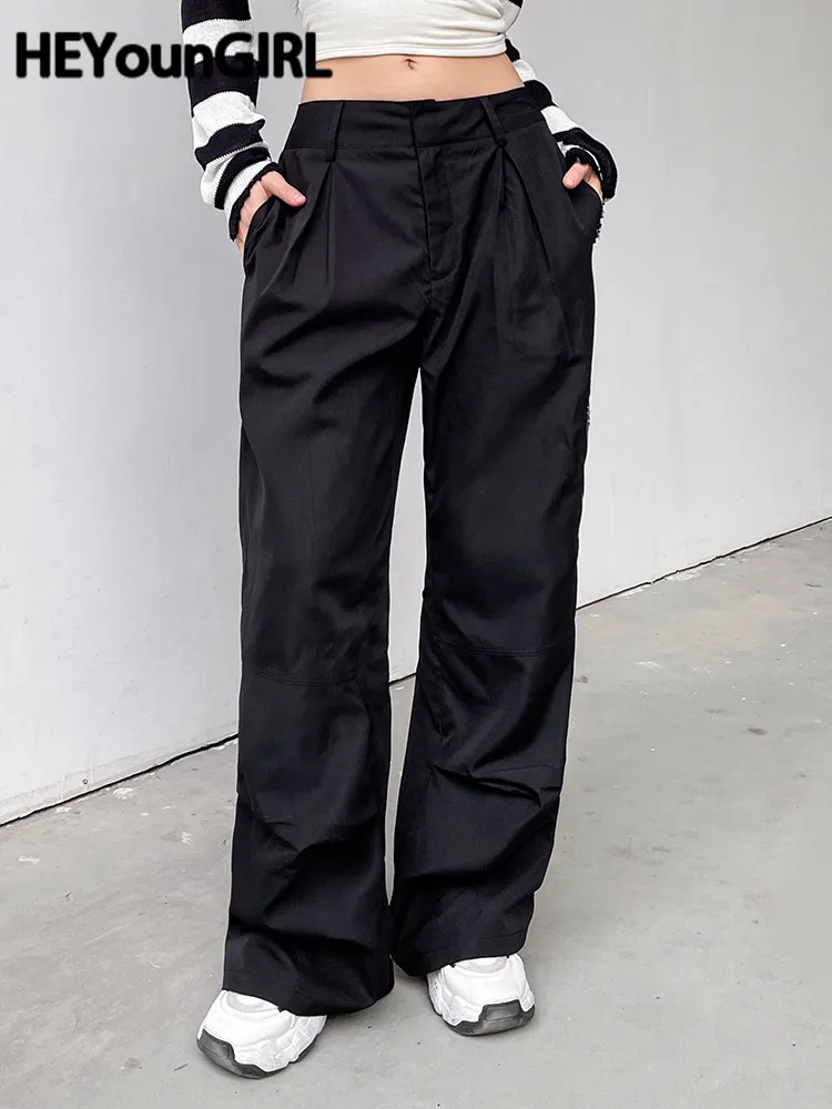 

HEYounGIRL Office Lady Casual Wide Leg Pants Low Waist Folds Black Mom Joggers Korean Fashion Women Straight Trousers Basic 90s