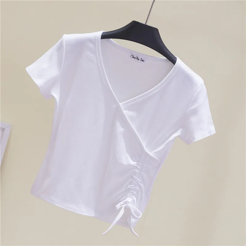 

2022 Summer new solid color casual short-sleeved V-neck top grey