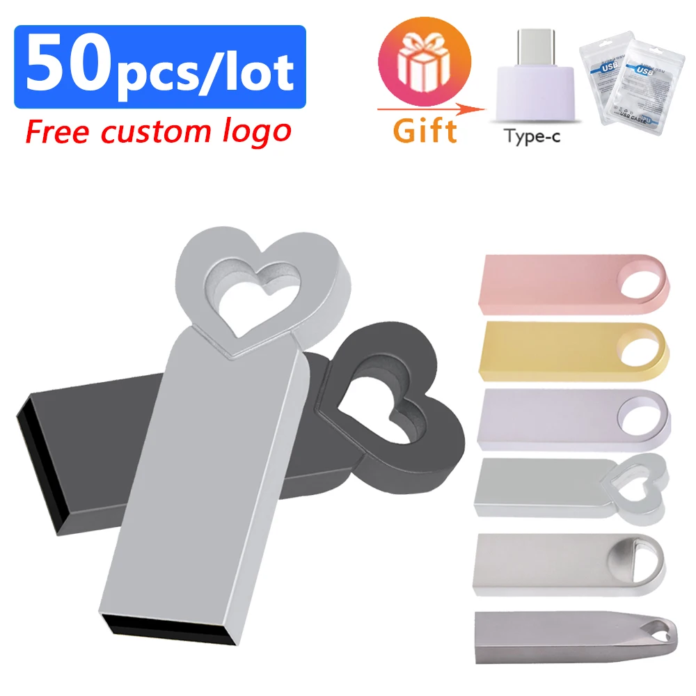 50pcs/lot USB Flash Drive 128GB 64GB 32GB 16GB Metal Pen Drive 4GB 8GB Real Capacity Pendrive USB 2.0 Memory Stick Free Logo