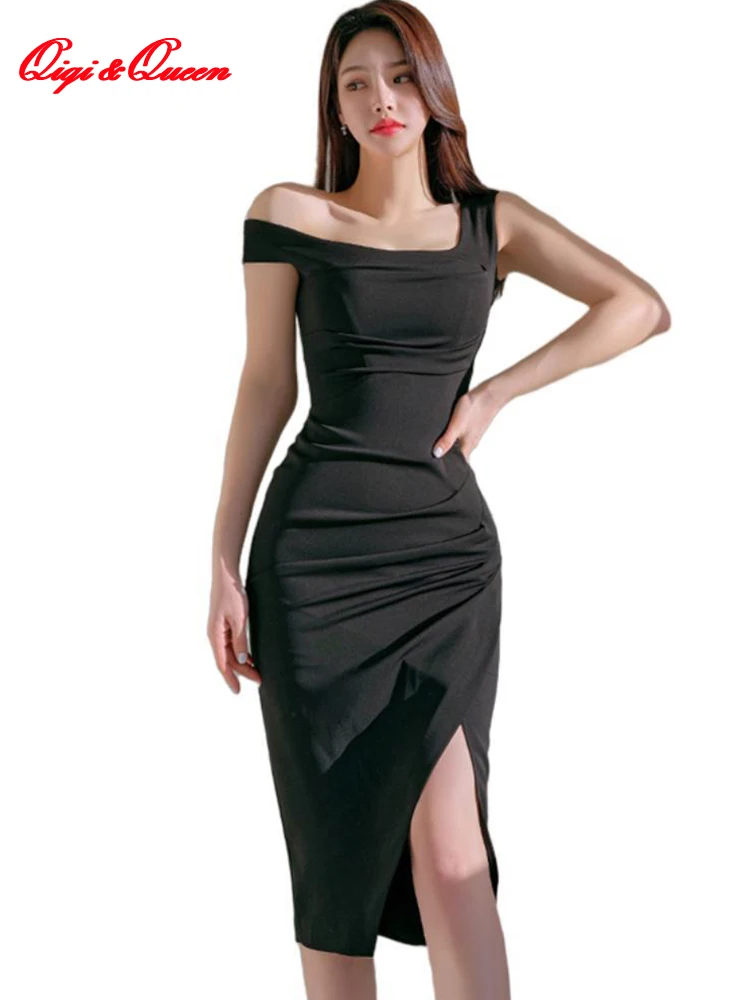 

Qiqi&queen 2023 Summer Korean Elegant Sexy Fashion Split Pencil Dress Women's Simple Slim Sheath Bodycon Dresses Party Vestidos