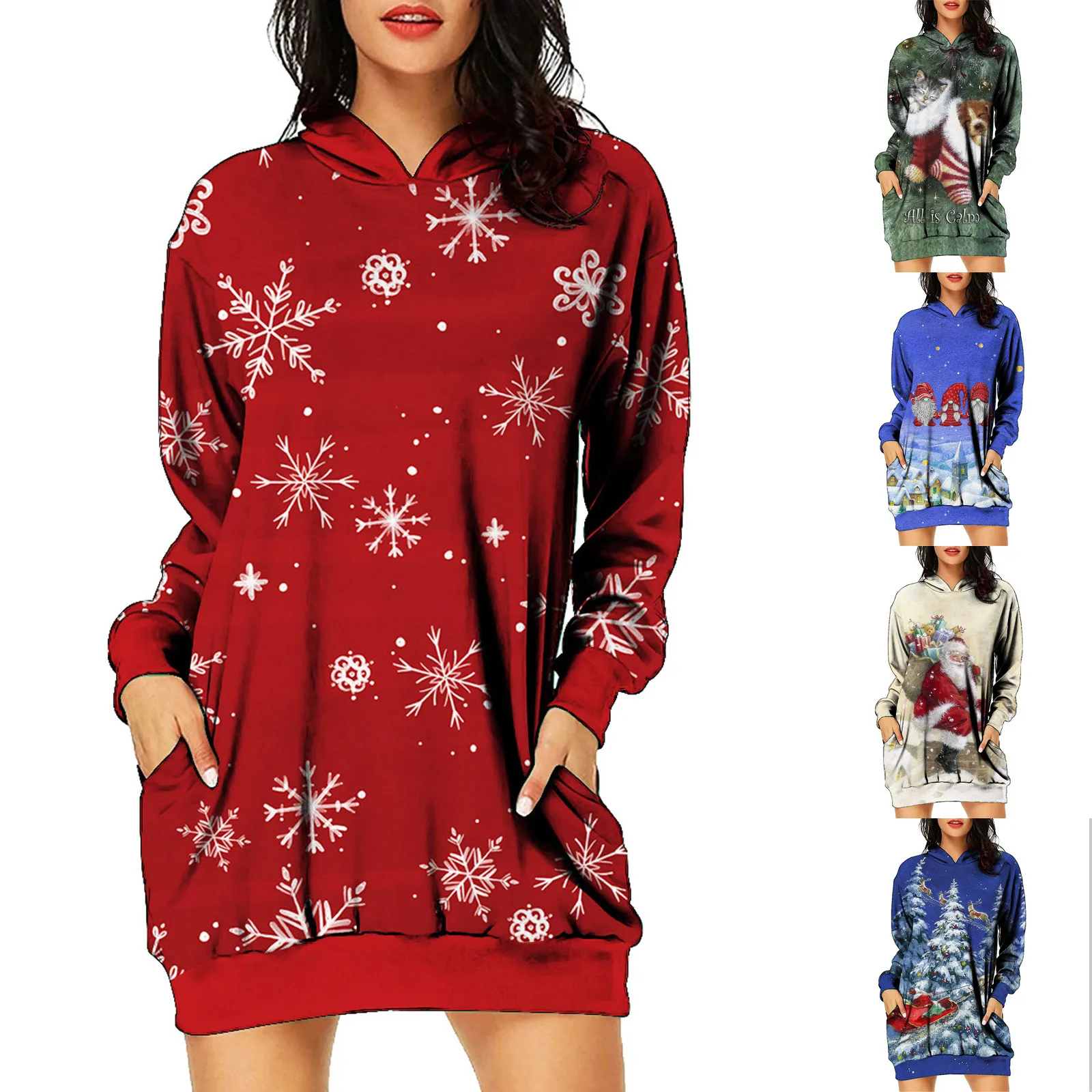 

Fuzzy Sweater Dresses for Women Women's Fashion Christmas Hoodie Bag Hip Pocket Print Long Sleeves Sweatshirts Midi Shirt Dress