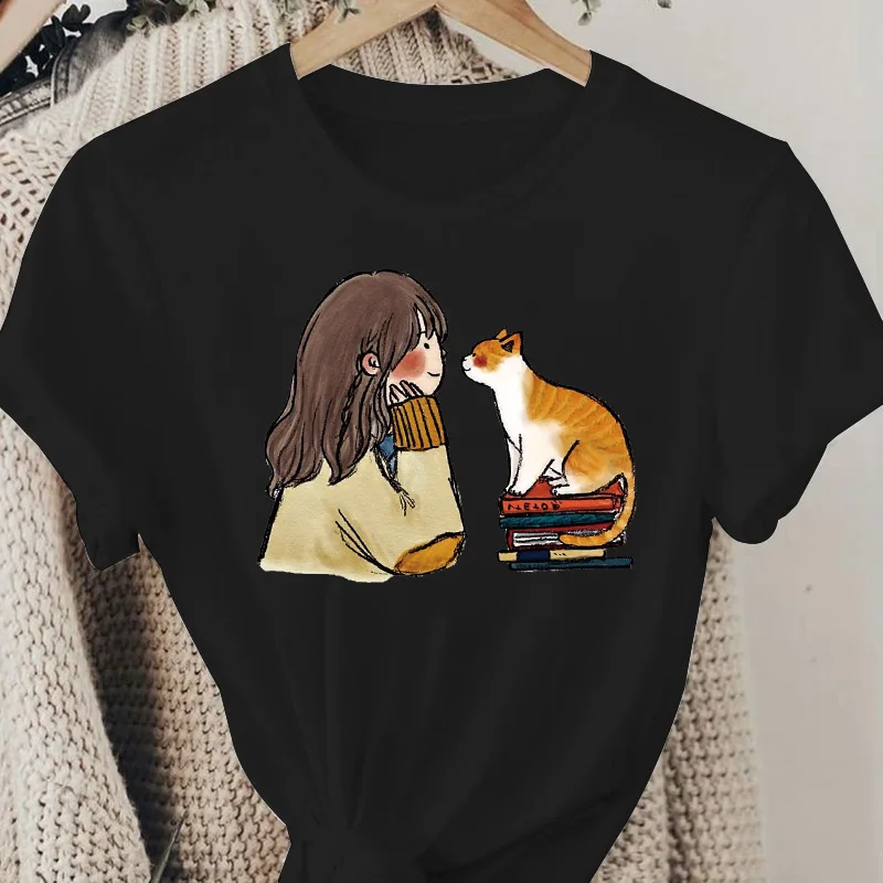 

Women Black T shirt Graphic Girl Cat Sweet Cartoon Short Sleeve Spring Summer Lady Clothes Tops Print Tees Female Tshirt 2022