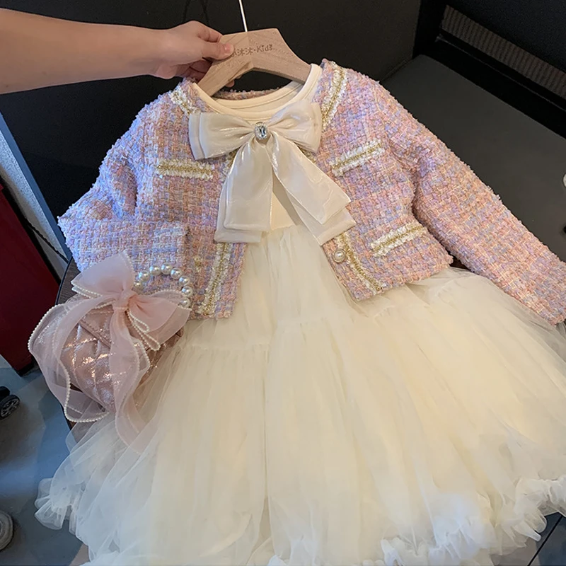 

2023 New Girl Kid's Dress Sweet Clothes Set Coat+Dress 2Pcs For Spring Big Bow Mesh Long Sleeve Evening Vestidos Paty Dress 2-8Y