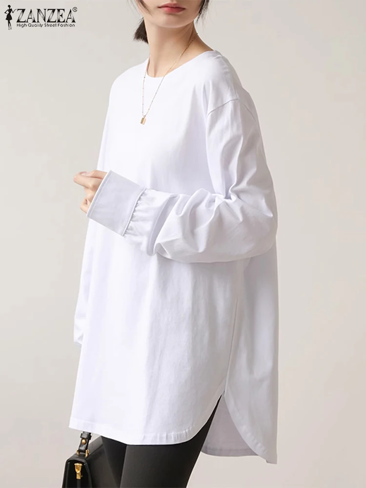 

Модная блузка ZANZEA с длинным рукавом, женская элегантная однотонная туника, топы, осенняя Повседневная Праздничная рубашка, Женская сорочка с круглым вырезом и разрезом на подоле