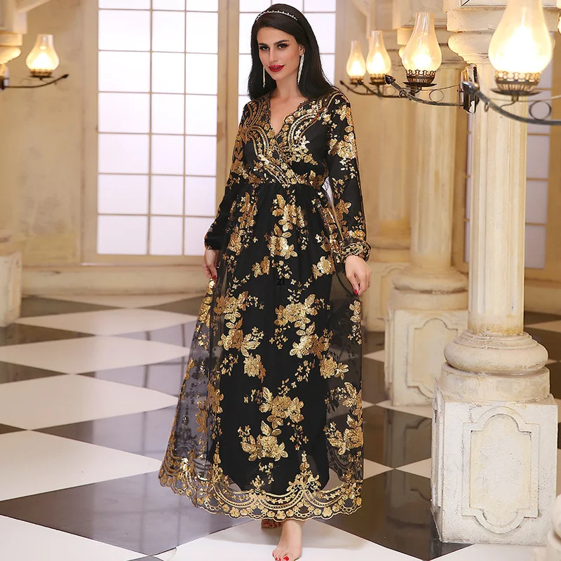 Moroccan Muslim Abaya Women Sequin Embroidery Party Long Maxi Dress Dubai Kaftan Gown Turkey Caftan Islamic Clothing Arabic Robe